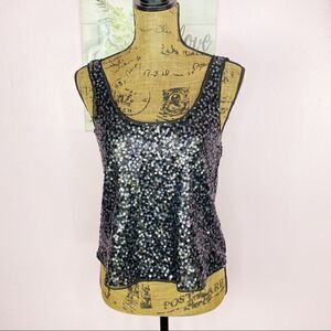 Express Sequin Scoop Neck Cropped Tank Top Black Silver Small